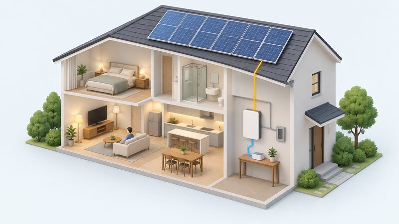 A cutaway view of a house showing solar panels on the roof, a battery unit mounted on an inside wall connected to the panels and the electricity supply, and a small hub device on a table in the same room.