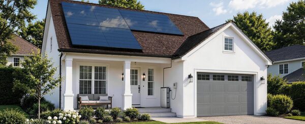 A white house with rooftop solar panels and a battery unit mounted on the exterior wall