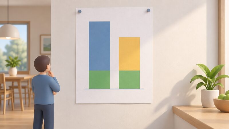 A printed chart-style sheet pinned on a wall showing two plain vertical bars, one for annual household consumption and one for annual solar generation, with a shaded overlap region between them labelled only by plain colour to represent self-consumption.