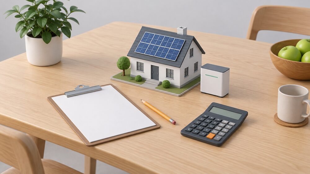 A kitchen table with a clipboard of blank paperwork, a pencil, a calculator and a small model house with tiny solar panels on its roof and a small battery block beside it, arranged as a sizing plan for a home energy system.
