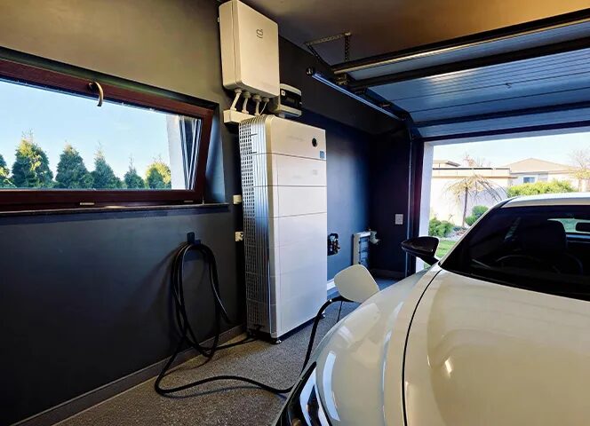 A Sigenergy home battery and inverter system installed in a garage next to a white electric car