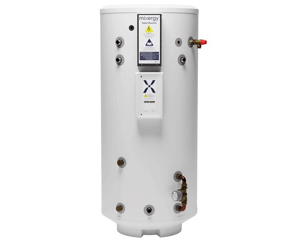 A white Mixergy slimline unvented smart hot water cylinder with solar diverter control panel and brass fittings, on a white background