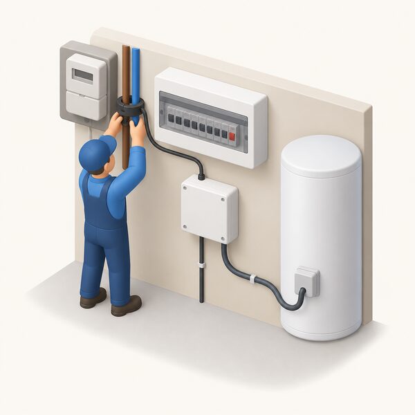 A small isometric installer figure clips a ring-shaped current sensor around the meter tails beside a consumer unit, with the diverter unit nearby connected by a supply cable and a switched cable running toward the immersion element.