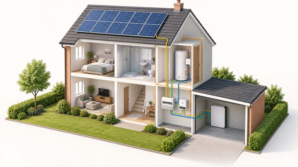 A cutaway house on a sunny day with solar panels on the roof, a battery unit on the garage wall, and a hot water cylinder with an immersion heater in the airing cupboard, connected by wiring to a consumer unit so surplus power flows to either the battery or the immersion element.