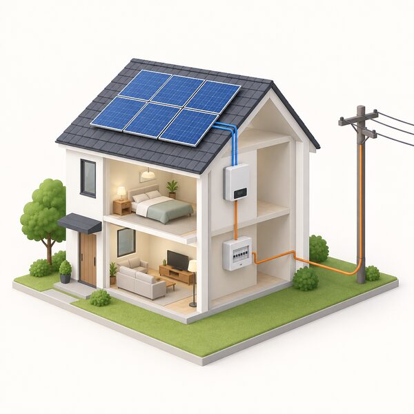 A cutaway house with rooftop solar PV panels wired through an inverter to the consumer unit, with a supply cable running from the house to a nearby electricity pole so the grid visibly serves as backup power.