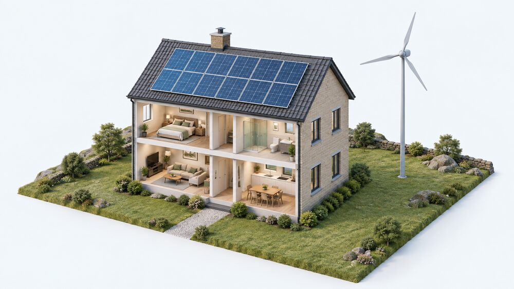 A cutaway-free view of a detached house with solar PV panels on its south-facing roof and a small domestic wind turbine on a pole beside the house in an exposed setting, both generating electricity for the home.