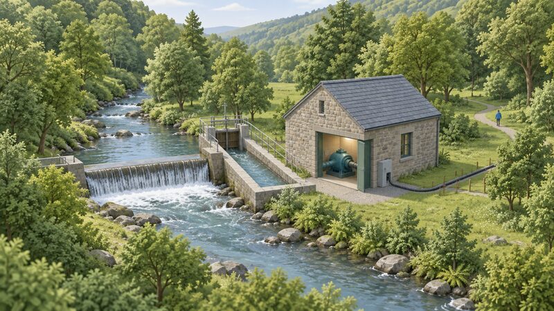 A small stone turbine house beside a tree-lined stream in a wooded valley park, with a simple intake weir and sluice channel on the watercourse feeding the building, and a modest cable leaving the building toward the park.