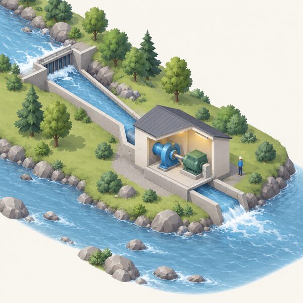 A small isometric scene beside a flowing river showing an intake channel diverting water to a compact turbine house where the turbine drives a generator, with a tailrace returning the water to the river downstream.