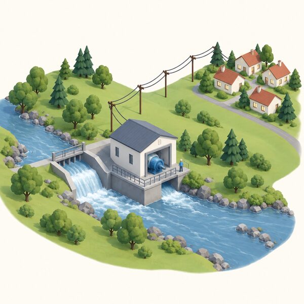 A small community hydropower turbine house beside a river, with power lines running from it across the landscape to a cluster of nearby houses, showing local generation feeding the grid that supplies those homes.