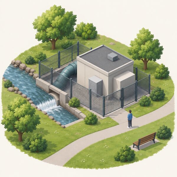 A small hydro generating enclosure in a public park, its equipment fully hidden behind secure mesh fencing, with a simplified visitor walking on a footpath nearby viewing it from outside the fence among trees and grass.