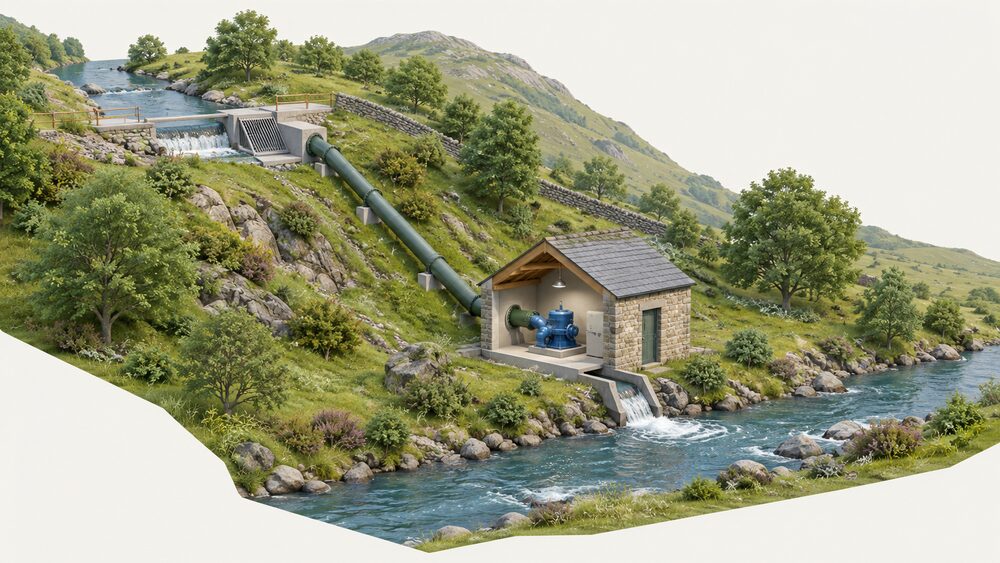 A small community hydropower scheme beside a Welsh river: water taken from the stream through an intake, piped down to a modest turbine powerhouse on the riverbank, with the water returning to the river downstream.