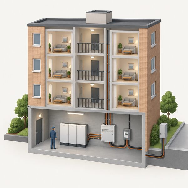 A cutaway view of a block of flats showing a shared battery unit in a communal plant room, connected by cabling to the building's electrical system and to the incoming grid connection at the meter point.