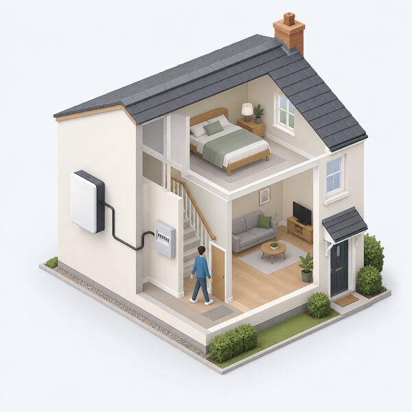 A domestic battery unit mounted on the wall of a single house, with a cable running from the battery into that building's electricity supply, shown in a simple isometric cutaway that makes clear the battery serves only this one address.