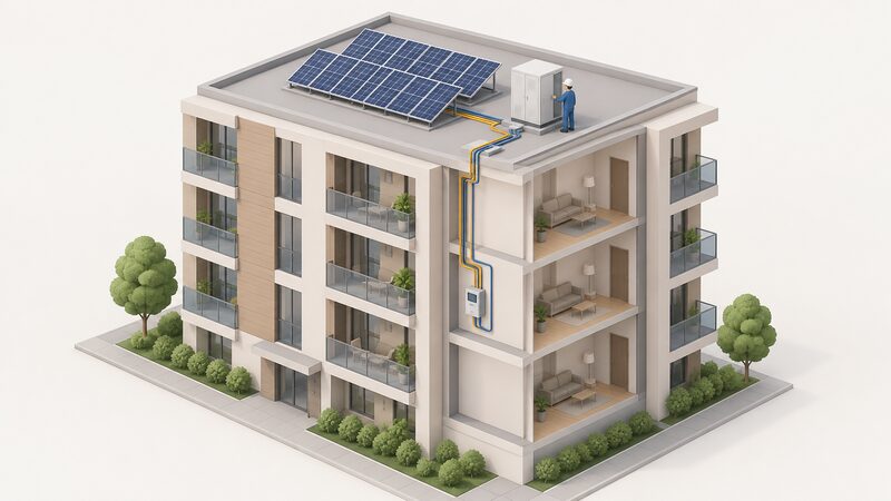 A flat-roofed urban block of flats seen in isometric view, with a rooftop solar PV array and a battery cabinet beside it, cabling running down into the building behind the meter, and a simplified figure inspecting the cabinet.