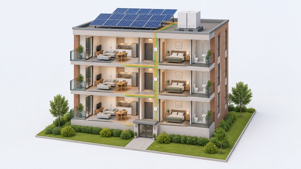 A cutaway block of flats with a battery storage unit and solar panels on its roof, connected down to the flats below, each flat drawing on the shared rooftop array.