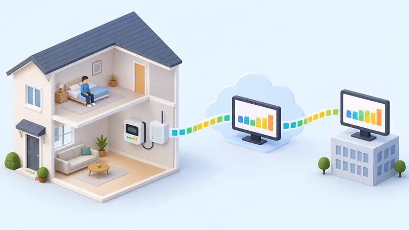 A simplified isometric diagram of a house with a smart meter on the wall, a data flow line running from the meter through a communications hub to a supplier's screen and on to a settlement screen, with plain colour blocks representing half-hourly consumption data.