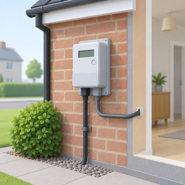 A domestic electricity meter mounted on an outside wall of a house, shown in a simple cutaway view with the incoming supply cable and the cable running into the home, illustrating the household meter whose half-hourly data access depends on the occupier's opt-in consent.