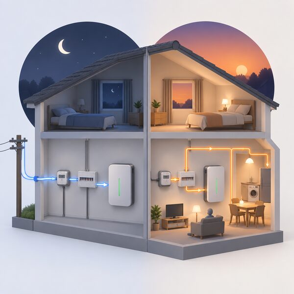 A wall-mounted home battery inside a house, shown twice in one scene: at night charging from the grid via the smart meter, and in the evening discharging to power the home's lights and appliances, with the meter recording the timing of each flow.