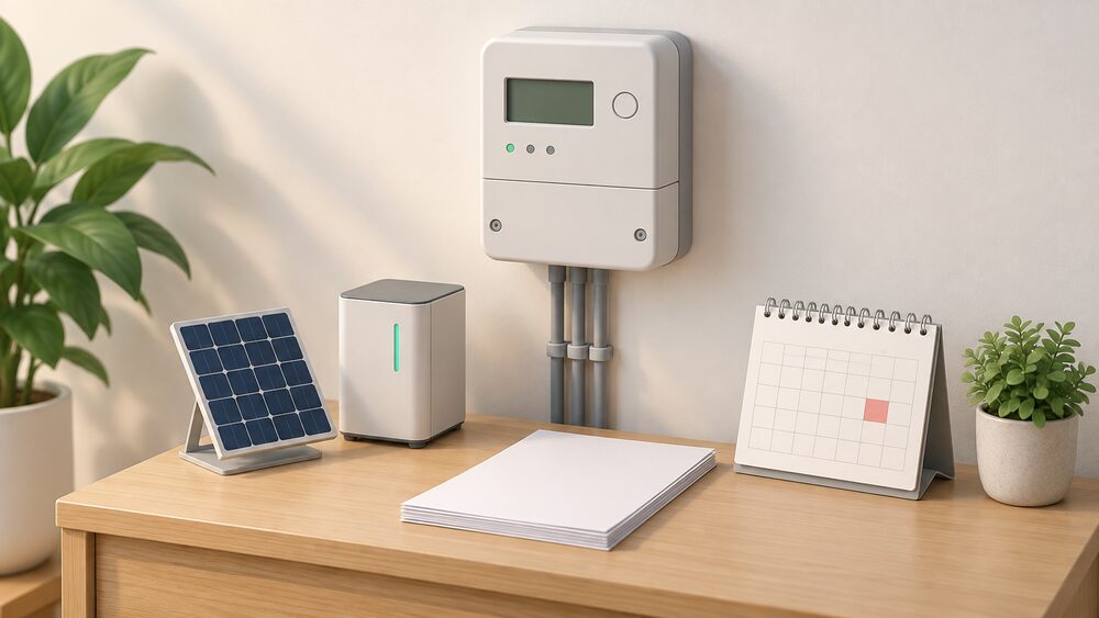 A domestic smart electricity meter mounted on an indoor wall above a small table holding blank paperwork, a small model of a rooftop solar panel, a small home battery unit and a wall calendar, representing the May 2027 migration deadline for households.