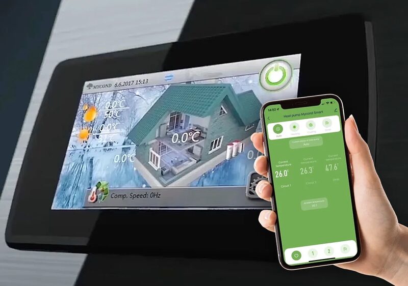 A hand holding a smartphone running the Mycond Smart heat pump control app in front of a Mycond wall-mounted touchscreen controller showing a house graphic and temperatures