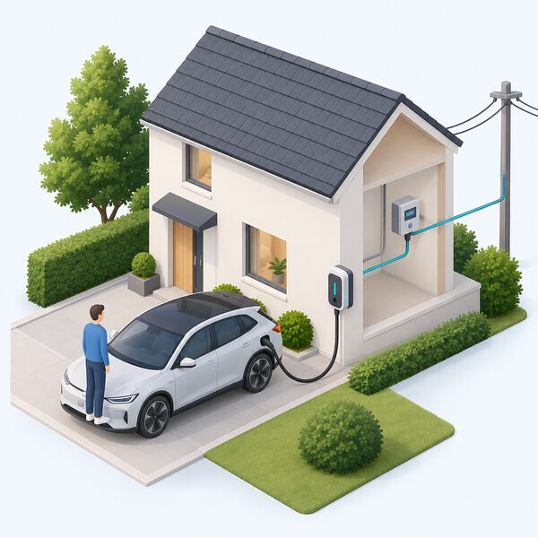 An electric car parked on a driveway beside a house, connected by a cable to a wall-mounted vehicle-to-grid charger unit that links the car's battery with the home's electricity supply and the grid.