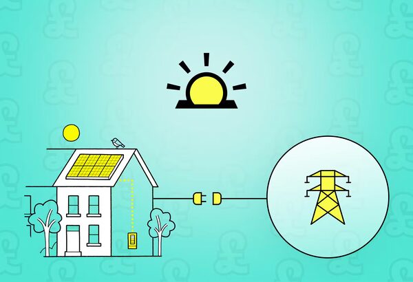 Illustration of a house with rooftop solar panels connected by a plug to an electricity pylon under a rising sun