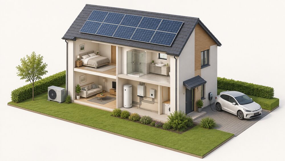 A cutaway of a modest house showing rooftop solar panels, an air source heat pump unit standing outside on the ground, a battery and inverter on a utility room wall, a hot water cylinder, and an EV charger on the outside wall beside the drive with a car parked at it.