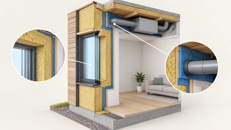 A cutaway corner of a Passivhaus external wall showing thick continuous insulation over an internal airtightness layer, with a triple-glazed window set into the opening and a small MVHR duct at the ceiling.