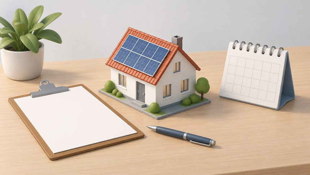 A small model house with a pitched roof carrying tiny solar panels sits on a table beside a blank contract on a clipboard, a pen, and a wall calendar, representing the annual guarantee a household signs up to.
