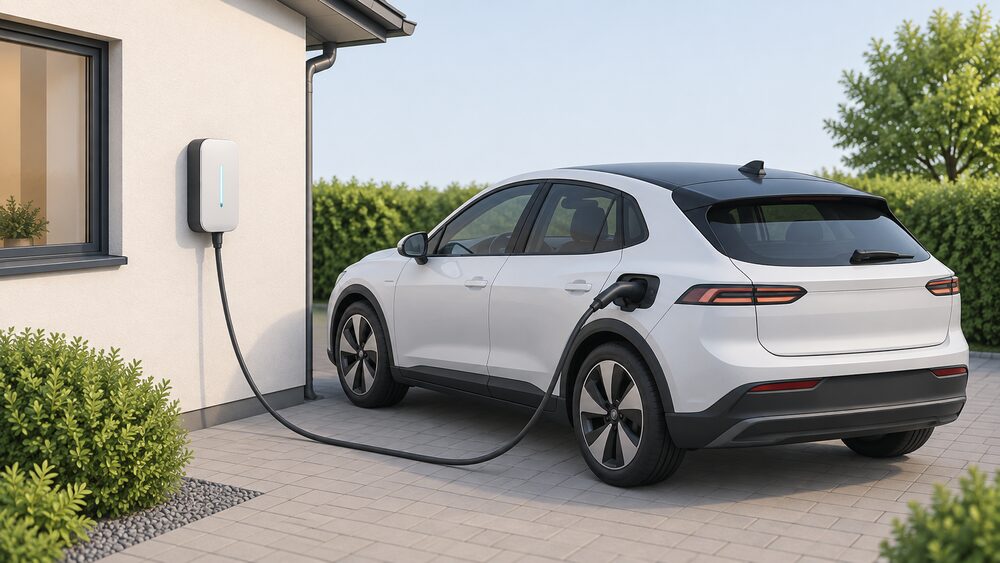 A 7kW home EV wallbox charger mounted on an outside house wall beside the driveway, with a charging cable running from it to a parked electric car's charge port.