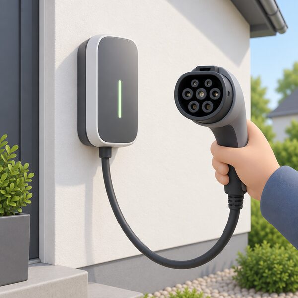A wall-mounted home EV charger on an outside house wall with a tethered type 2 cable hanging from it, its type 2 plug held in view close up so the round connector with its pin openings is clearly the standard domestic socket.