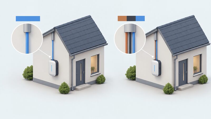 A side-by-side diagram of two simplified homes, one with a single-phase supply line feeding a wall-mounted charge point and one with a three-phase supply of three lines feeding a similar wallbox, with plain colour bands instead of labels.