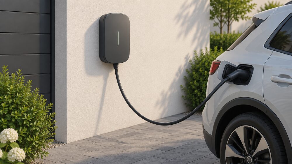 A close-up of a wall-mounted Terra AC EV charger box on an outside house wall, with a tethered Type 2 charging cable curving from the unit toward a car's charge port on the driveway beside it.