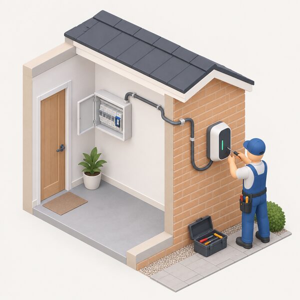 An electrician fitting a wall-mounted home EV charger on an outside house wall, with a surface cable run from an open indoor consumer unit through the wall to the wallbox, a small isometric figure working at the unit with tools.