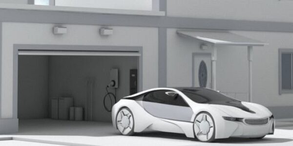 A 3D render of a white concept electric car parked outside a garage with a wall-mounted EV charger