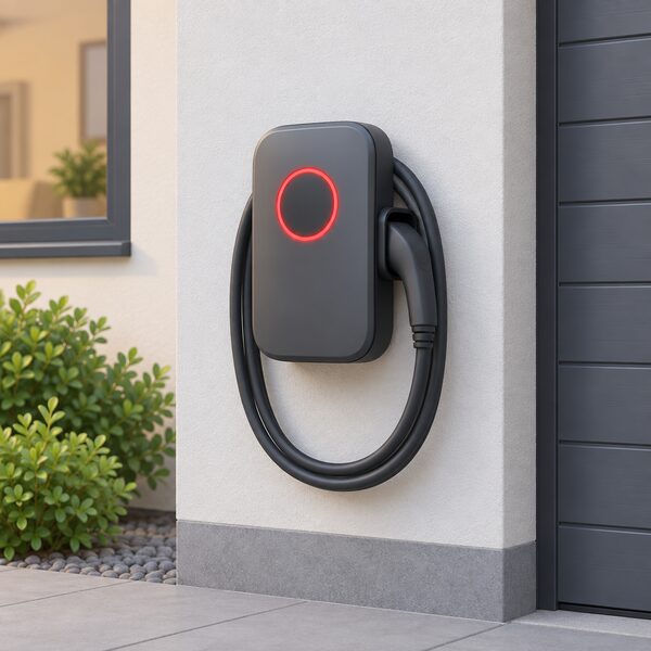 A wall-mounted home EV charger on an exterior house wall with a charging cable stowed, its status ring glowing red to show a voltage-related error, with no one resetting it.