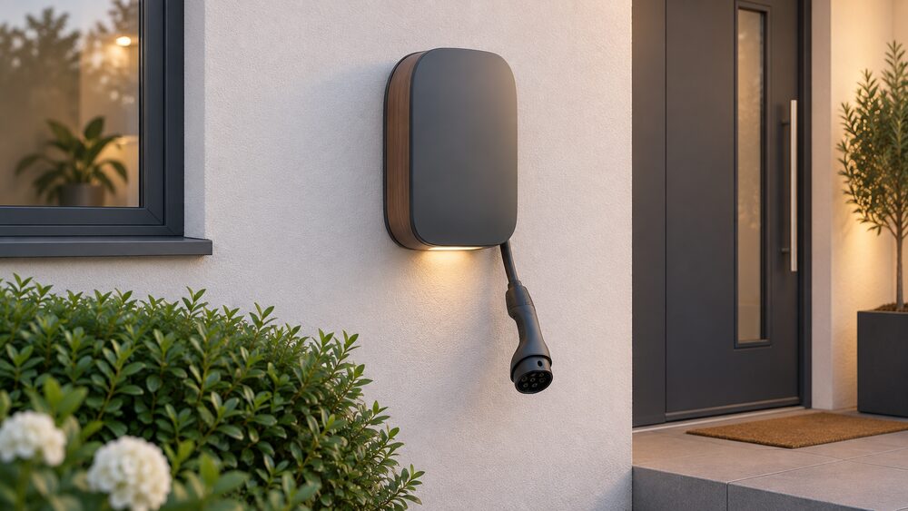 A close-up of a sleek designer EV charge point mounted on a house's external wall, its front panel concealing a tethered cable whose Type 2 connector hangs ready, with soft convenience lighting visible beneath the unit.