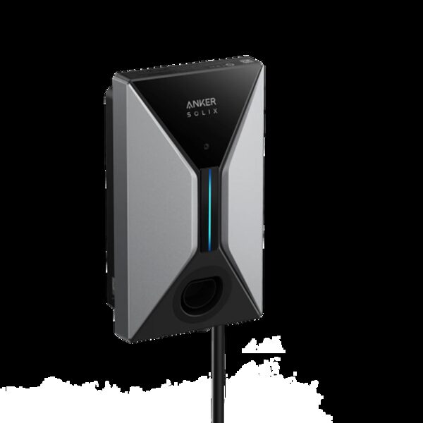 An Anker SOLIX V1 wall-mounted smart EV charger in grey and black with a blue light strip and attached cable