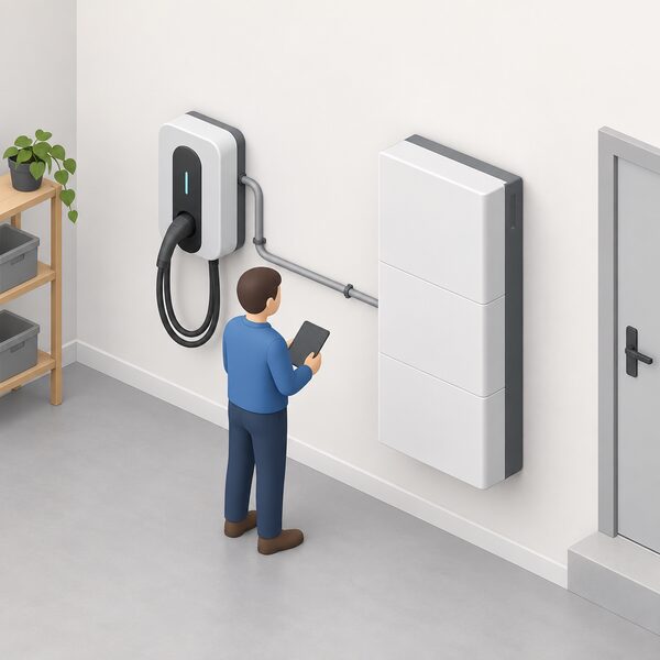 An indoor utility wall with a wall-mounted EV charger unit beside a tall home battery storage cabinet, the two linked by a neat conduit run, with a simplified isometric figure checking the connection between them.