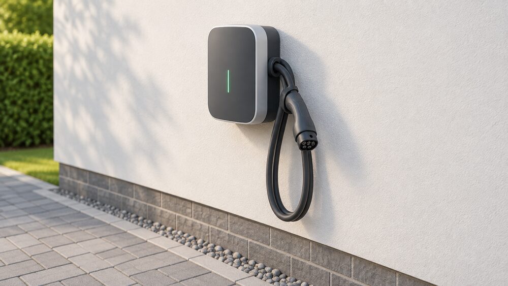 A wall-mounted EV charger box on an outside house wall beside a driveway, with a tethered Type 2 charging cable hanging in a loop from its side and its coiled end resting free, nothing else in frame.