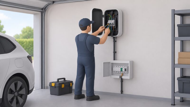 An electrician with the front cover removed works inside a wall-mounted EV charge point on a garage wall, terminating the cable that runs down to a distribution board with its own separate protective device.