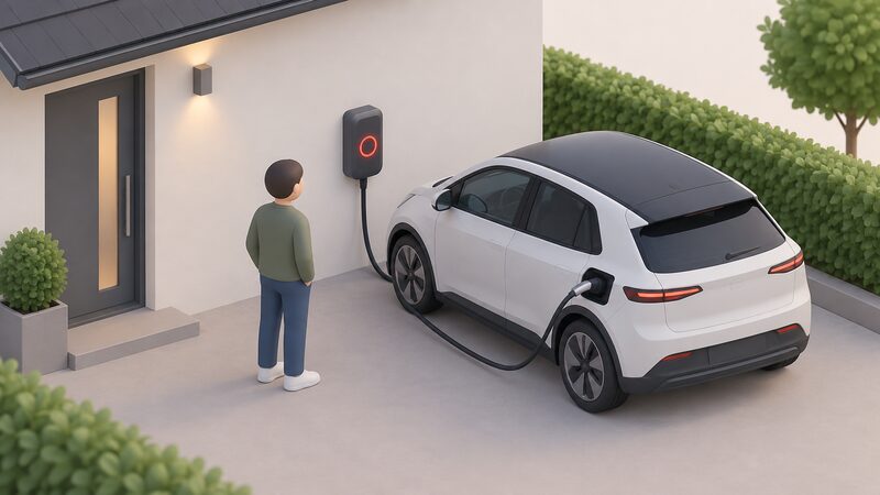A wall-mounted home EV charge point beside a parked car, its front panel ring glowing red, with a small isometric figure standing nearby looking at it rather than touching it.