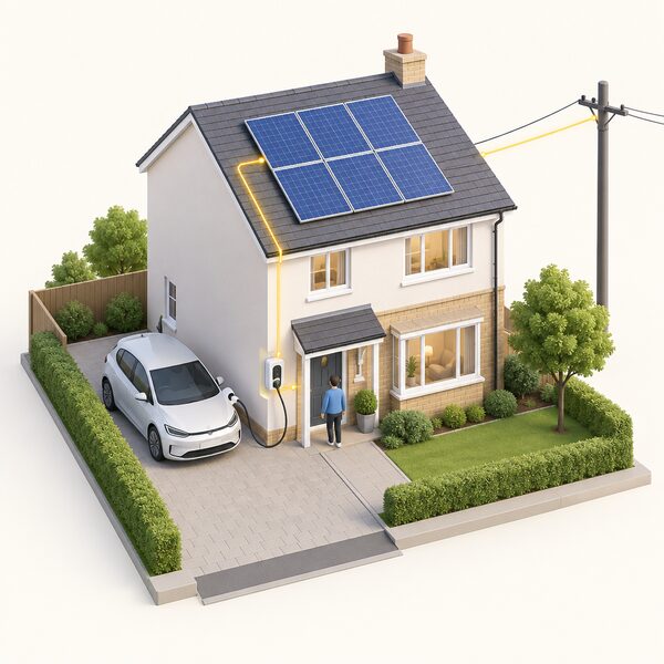 A detached UK home with rooftop solar panels, an EV parked on the drive plugged into a wall-mounted charger on the house wall, with a simple line suggesting power flowing from the panels down to the charger and car.