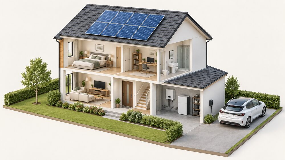 A cutaway house with solar panels on the roof, an inverter and a battery storage unit in the garage, a smart EV charger on the outside wall beside the drive, and an electric car parked on the drive with a cable running to the charger.