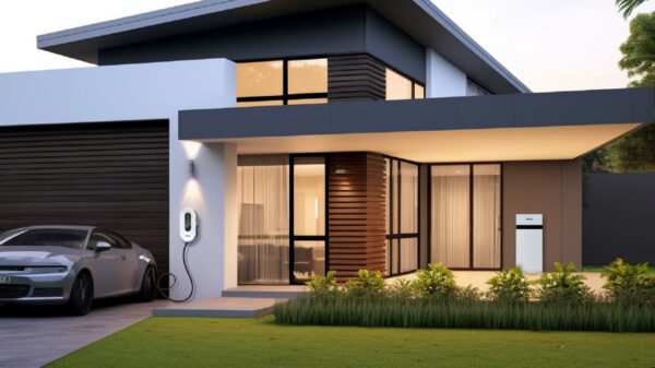 A modern house exterior with an electric car charging from a wall-mounted EV charger and a battery unit beside the garage