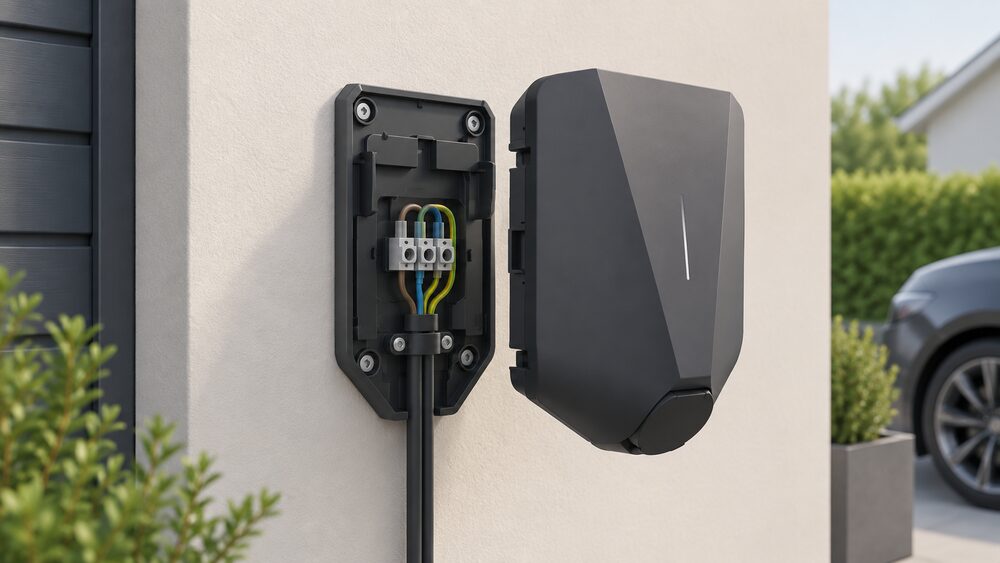 A close-up of a wall-mounted Easee One electric car charger body clipped onto its separate backplate on an exterior house wall, with the charger body lifted slightly forward to show the two-part design and the supply cable terminations on the exposed backplate behind it.