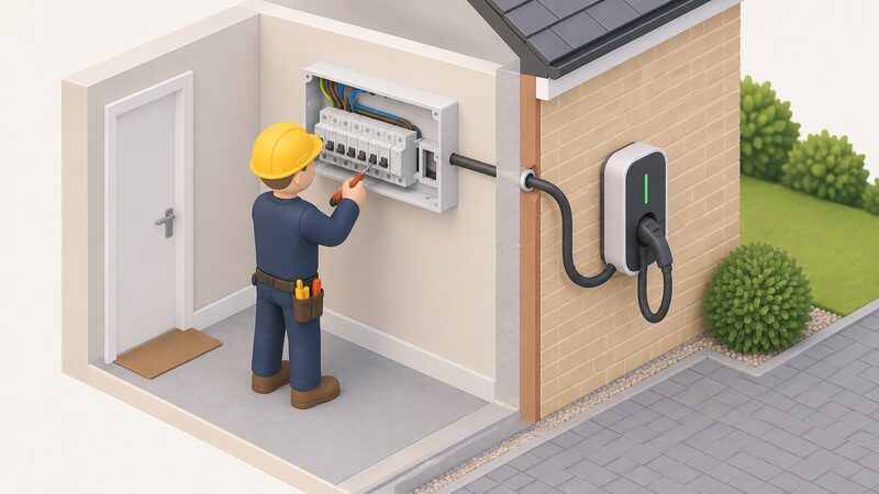 An electrician's isometric figure stands before an open domestic consumer unit with its cover removed, showing one spare way with thick cable tails running through the wall to the exterior wall-mounted EV charger outside.