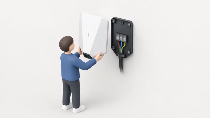 A white wall-mounted Easee One charger body lifted clear of its backplate on a plain wall, held by a small isometric figure, revealing the terminal block inside the backplate base with supply cables connected to it.