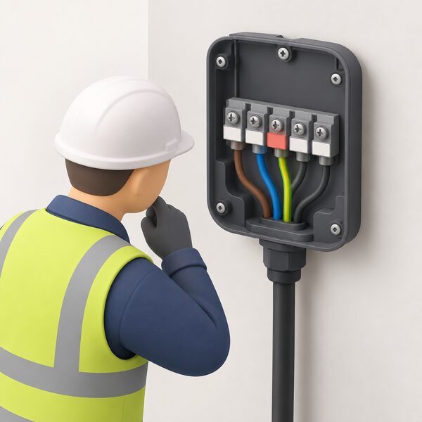 A wall-mounted EV charger backplate shown with its row of terminals and their small identification tags, one terminal tag highlighted as the mislabelled one, with a simplified electrician figure inspecting it closely.