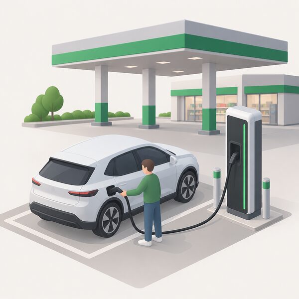 A rapid public charge point at a service station forecourt, with a simplified isometric figure plugging a charging cable into an electric car parked beside the tall rapid charger unit.